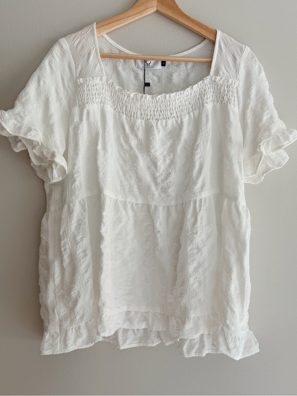 Smocked Square-Neck White Peasant Blouse